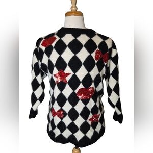 Vintage Kroshetta Angora Wool Harlequin Sequin Sweater M Black White Red Hearts